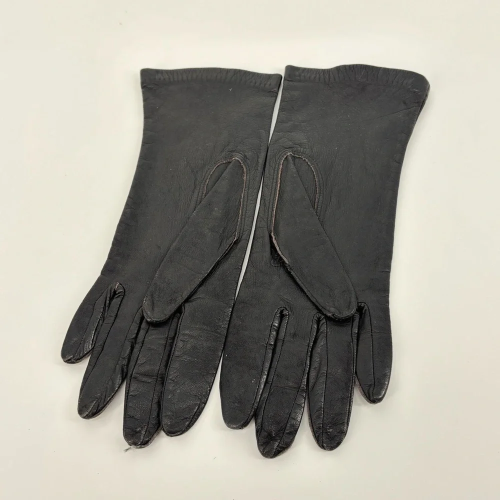 Vintage Gants Black Leather Gloves – 1950s-60s Mid-Length, Nylon Lined